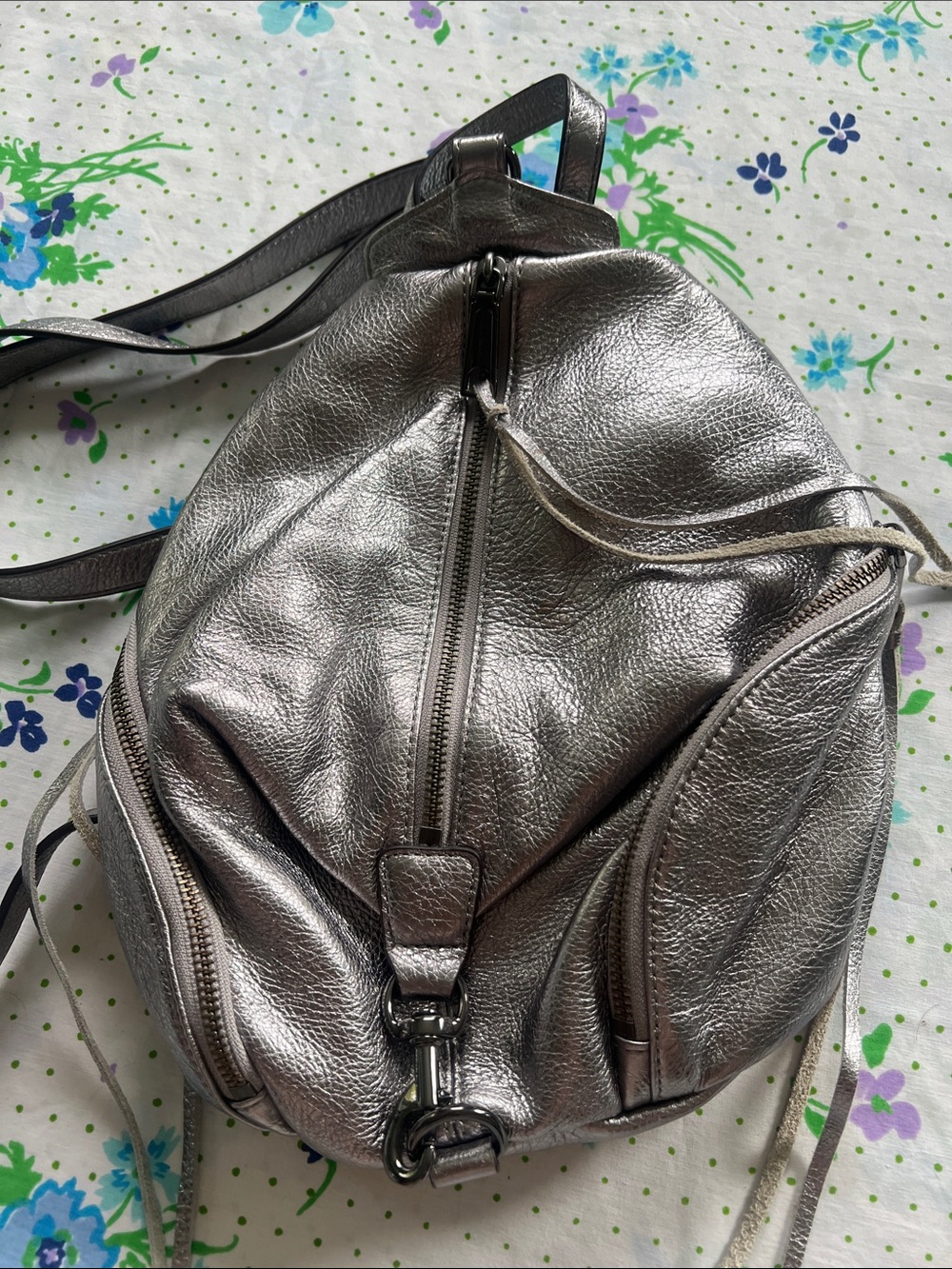 Rebecca Minkoff Pebbled Leather Mini Backpack Julian Convertible Silver Metallic - Picture 2 of 13